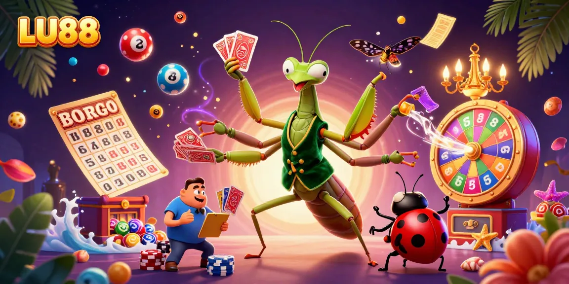 LU88 casino scene with a giant praying mantis and ladybug pit boss amidst colorful lottery elements.