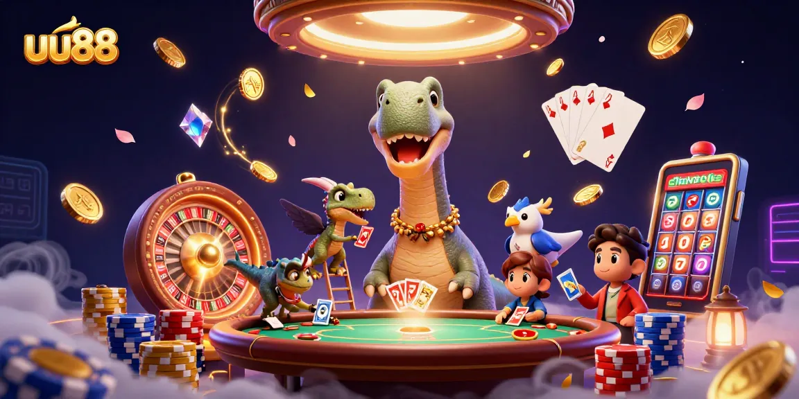 Experience thrilling gaming at uu88 with a vibrant 3D casino illustration showcasing captivating characters and game elements.