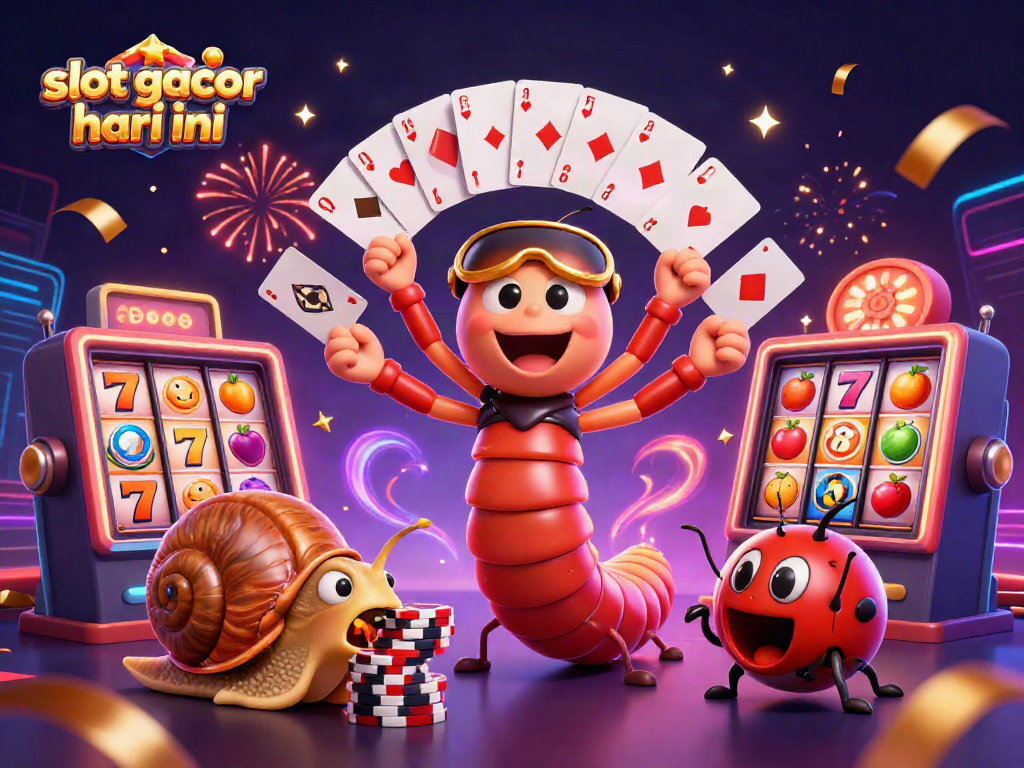 Visualisasi slot gacor hari ini dengan dealer kartun, simbol buah, dan suasana meriah.