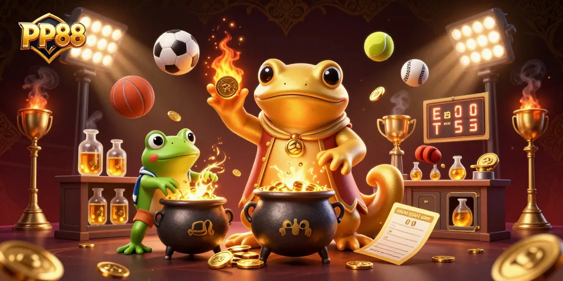 Experience the thrill of PP88 with a dazzling casino scene featuring golden elements and sports excitement.