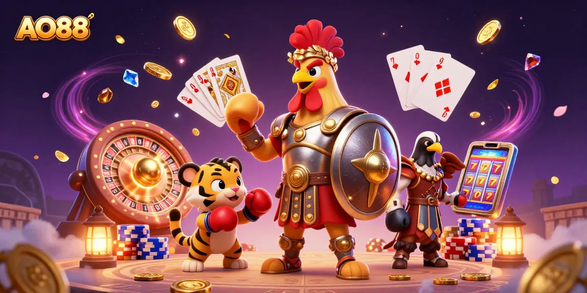 Play exciting games at AO88 with a vibrant scene of a rooster in armor and a tiger cub in the arena.
