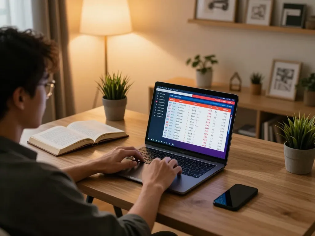 Engaging in online toto sgp gaming at a cozy home office, focusing on live draw numbers.