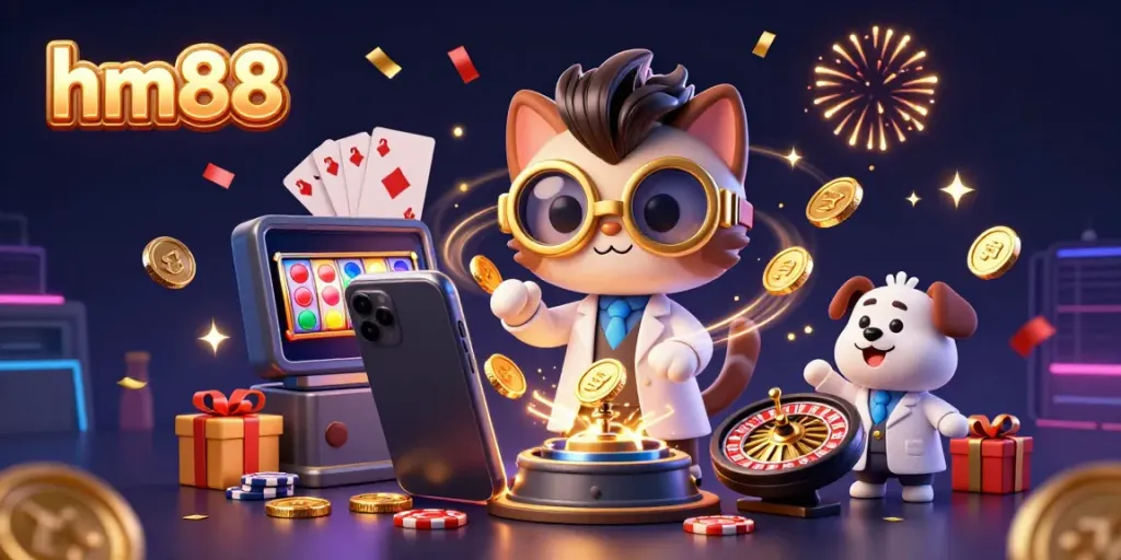 Experience the vibrant gaming world of hm88 with laughter, gold coins, and exciting games erupting from a smartphone.