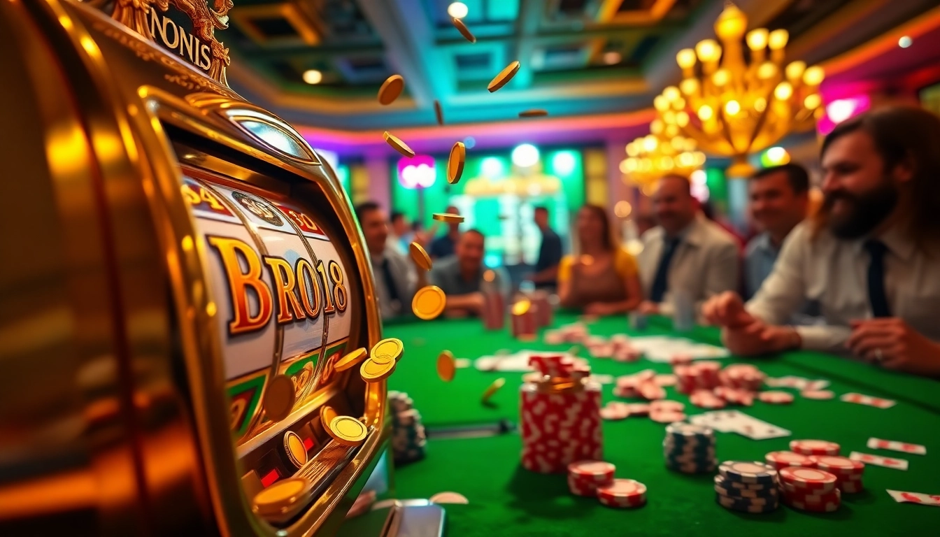 Players winning big at Bro138 slot machine in a vibrant casino setting, showcasing excitement and luxury.