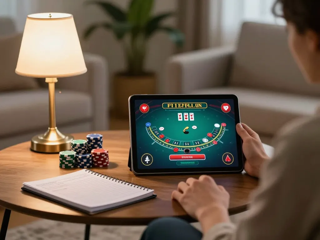 Player enjoying king33 online blackjack on tablet with strategy notes and cozy setting.