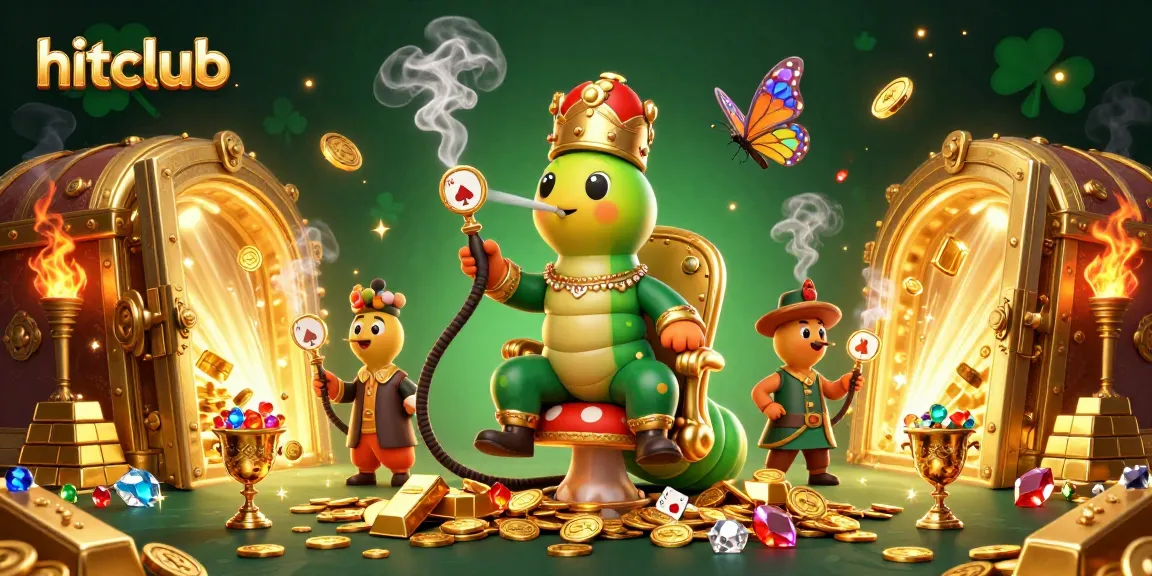 Hitclub players can enjoy winning strategies illustrated by a caterpillar hookah-master surrounded by casino treasures.