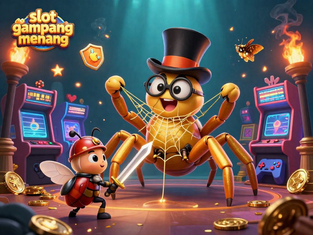 Experience the excitement of slot gampang menang with our vibrant 3D casino illustration featuring a golden tarantula and adventurous beetle knight.