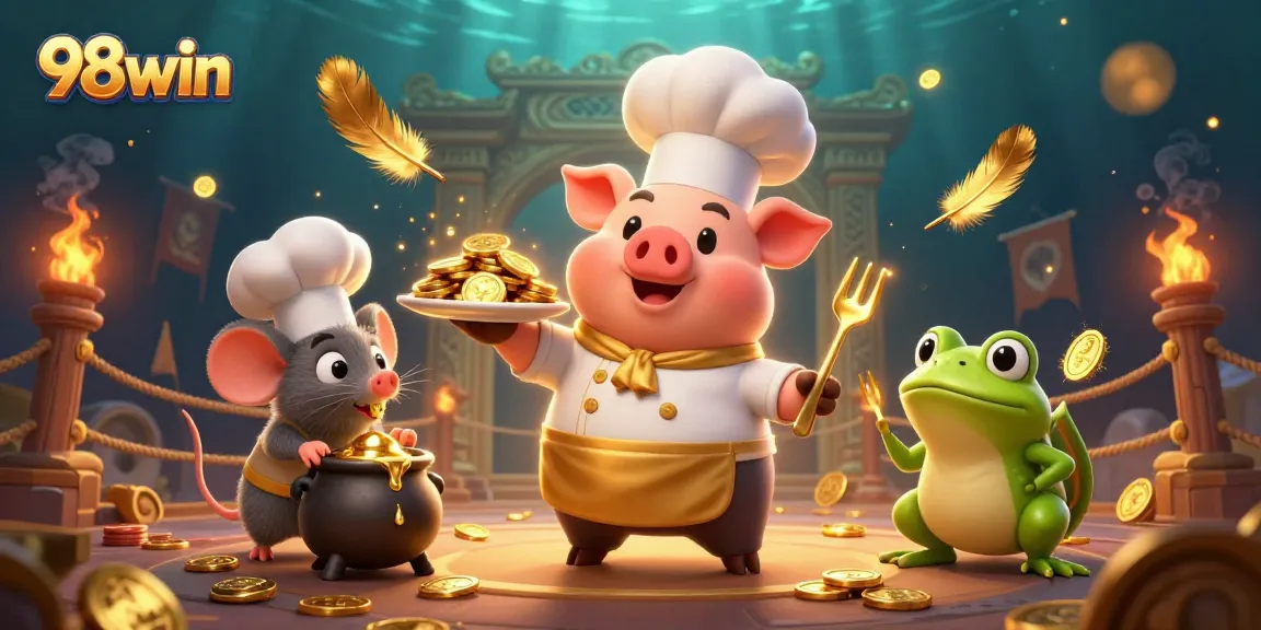 Engage with the rich, vibrant scene of the 98win casino featuring a chef pig serving gold coins, set in an exciting gambling atmosphere.