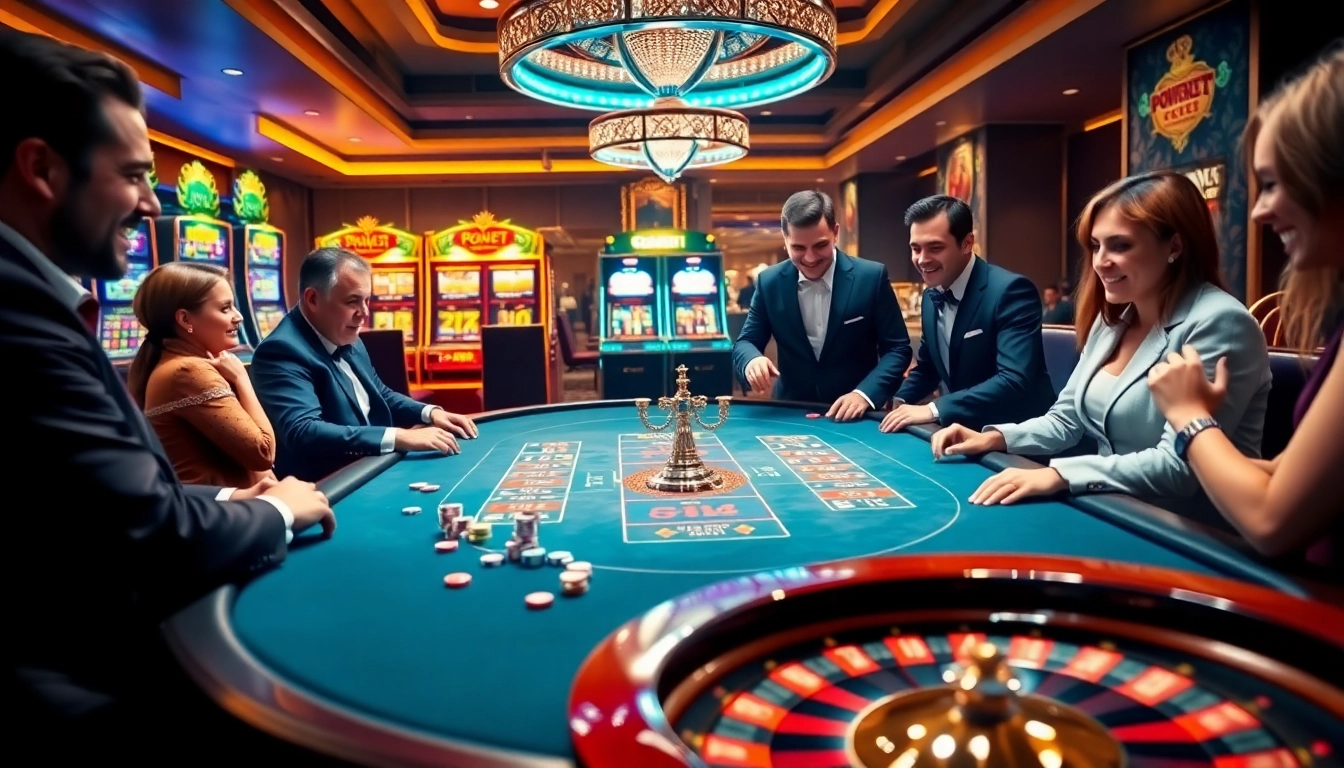 Players experiencing the excitement of PowerNet casino games with vibrant slot machines and poker chips.