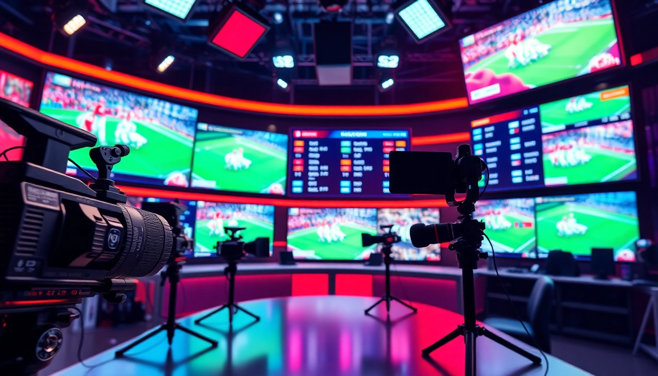Captivating sports broadcasting studio showcasing live events with advanced equipment.