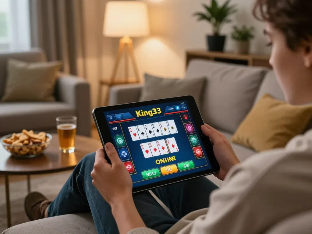 King33 player enjoying online poker game on tablet, cozy home setting with snacks.
