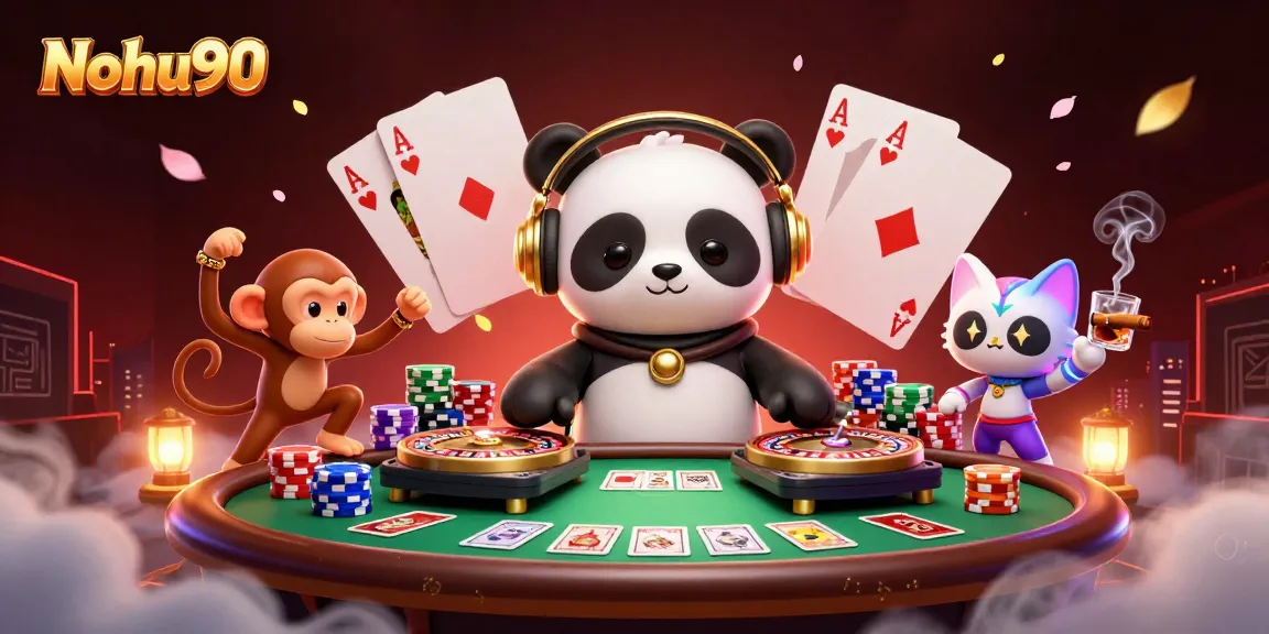 Nohu90 showcases a vibrant casino scene with a DJ panda and lively characters celebrating gaming winnings