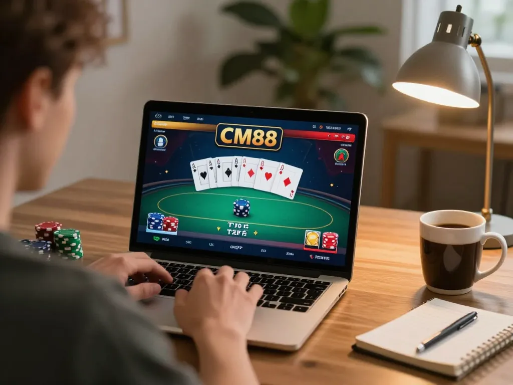 Engaging player immersed in CM88 online poker game, showcasing desktop and cozy ambiance.