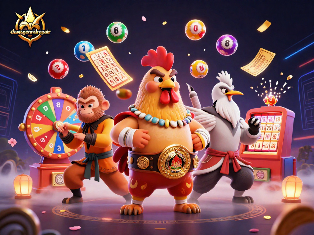 Davisgeneralrepair showcases an energetic casino scene with a Muay Thai rooster, Shaolin monkey, and crane master.