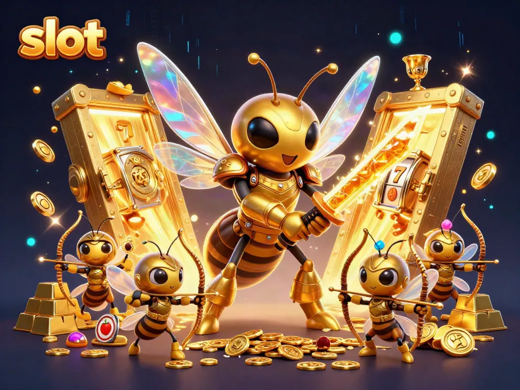 Spin to win with slot reels surrounded by a samurai hornet and golden treasure in this vibrant 3D scene.
