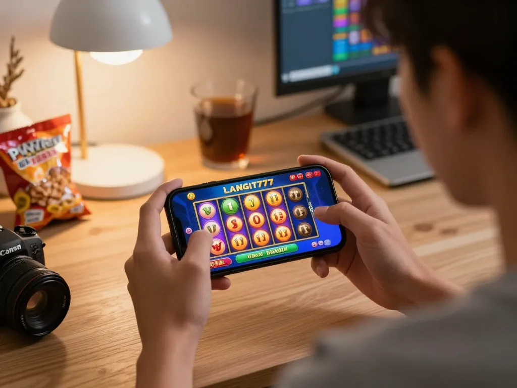 Playing Langit777 casino games on smartphone in cozy home office setting, vibrant graphics on screen.