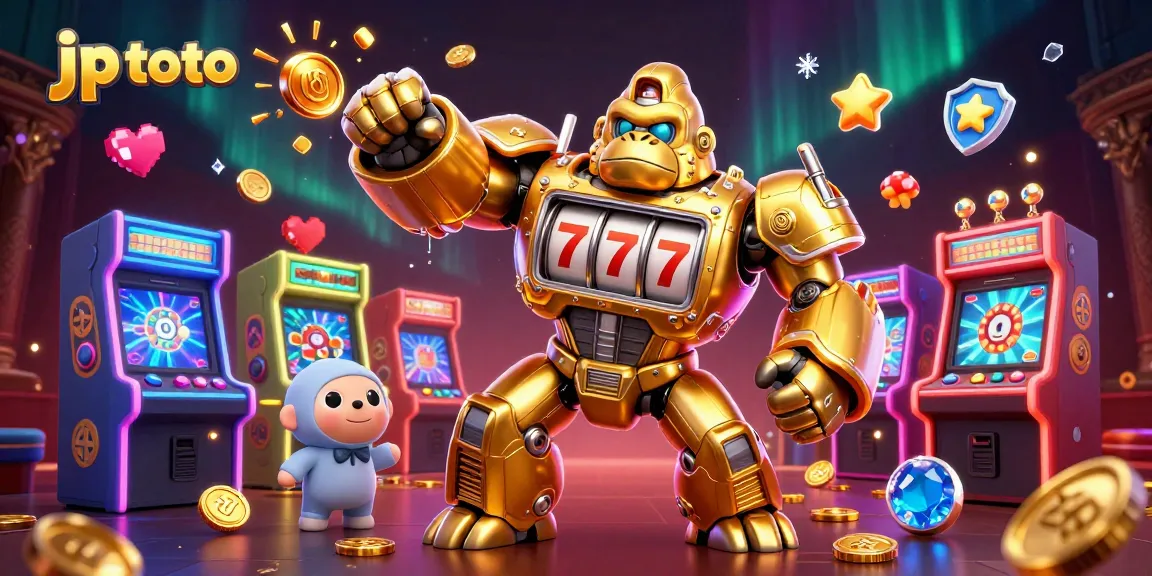 Experience jp toto excitement with a dynamic 3D golden gorilla mech surrounded by arcade and gaming elements.
