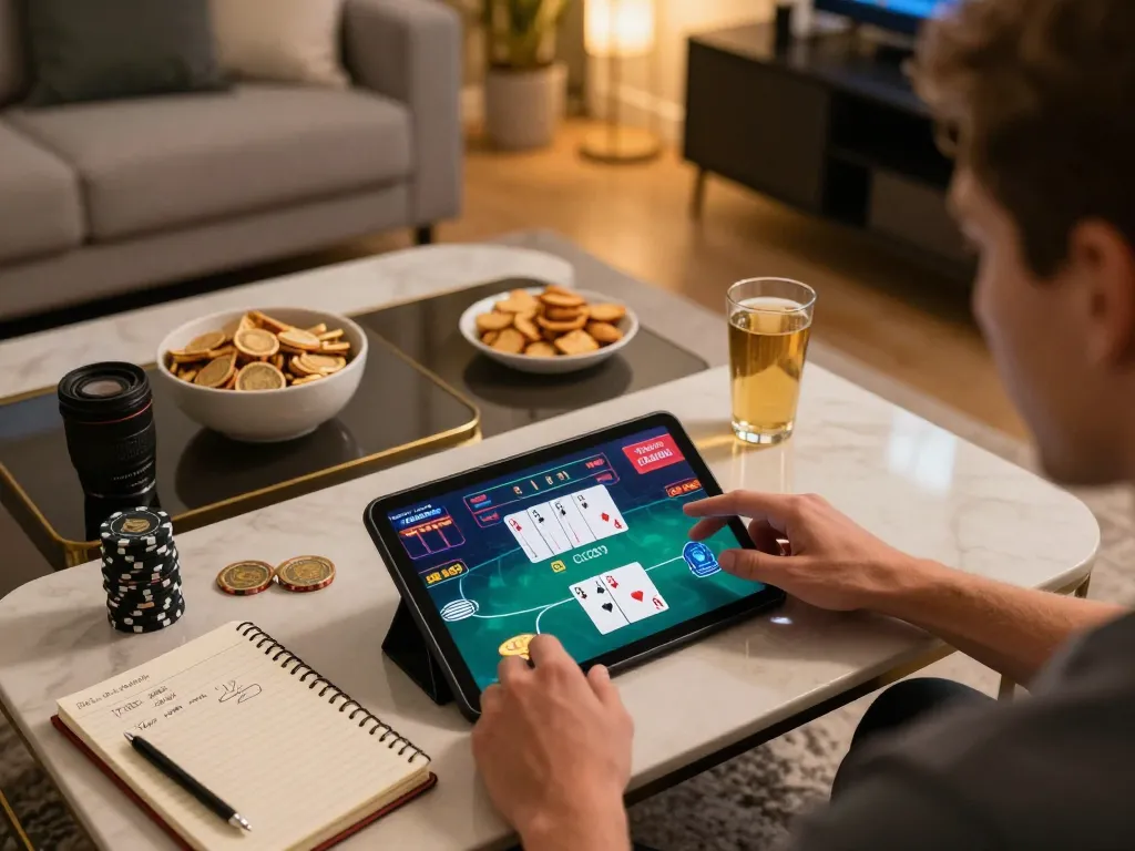 Engaging in strategic gameplay at Luck8 casino on a tablet in a cozy home environment.