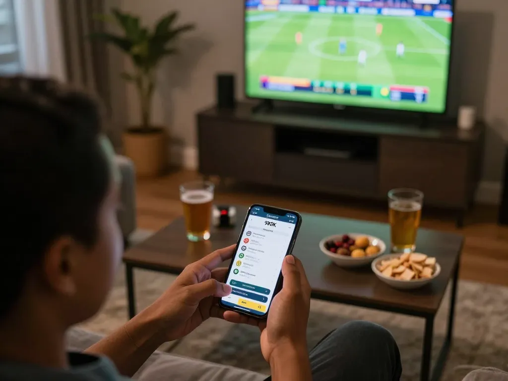 Engaged user placing bets on 99OK app during a sports game, creating a fun gaming atmosphere.