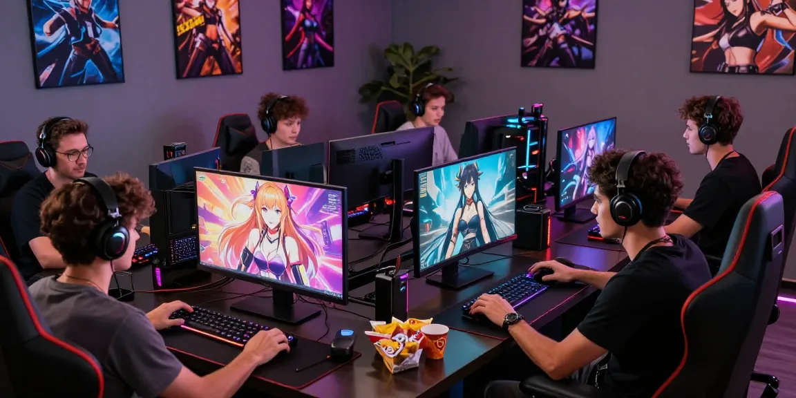 Engaged players enjoying ecchi games in a vibrant gaming lounge with high-end setups.