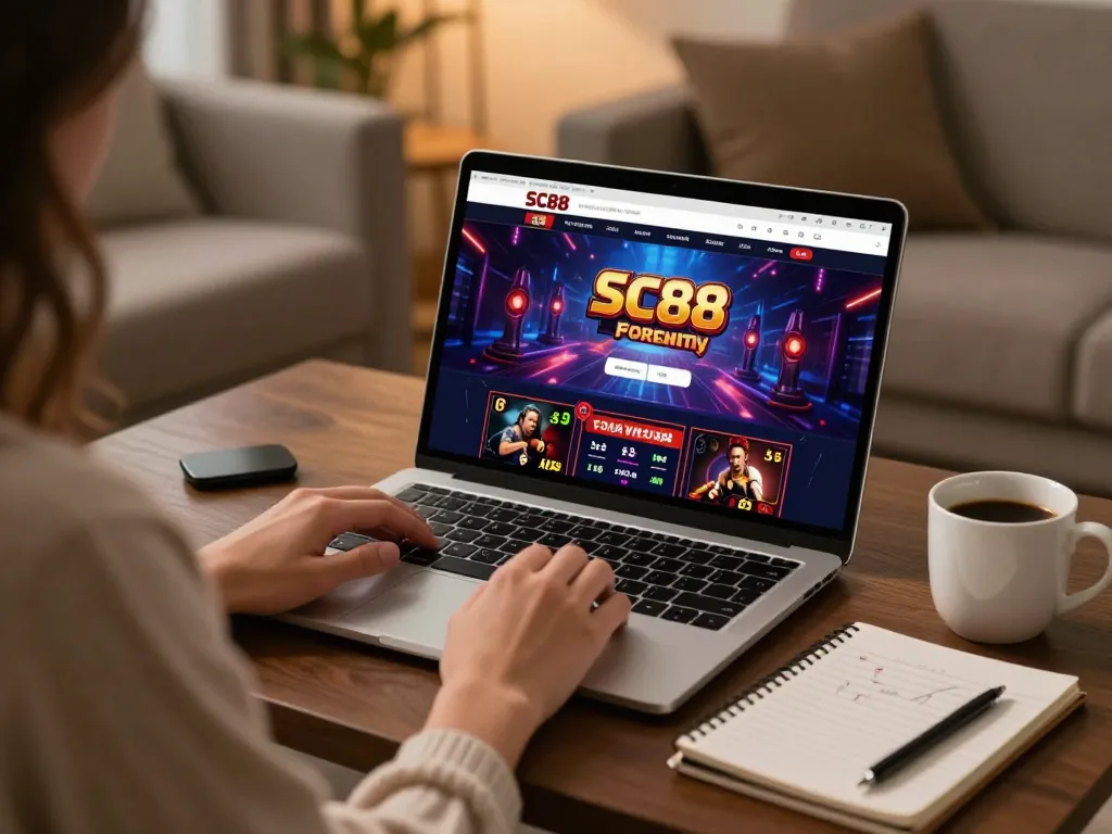 SC88 user playing online casino games in a cozy home setup with a laptop and strategy notes.