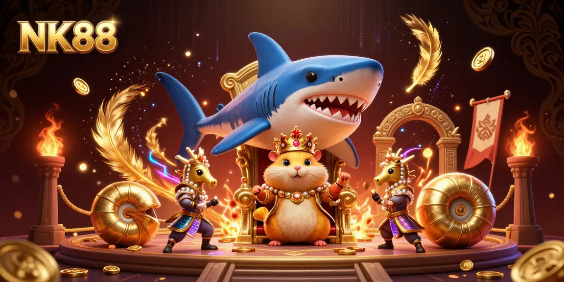 Experience thrilling gambling action with NK88's vibrant 3D illustration featuring the golden hamster king amidst dynamic casino elements.