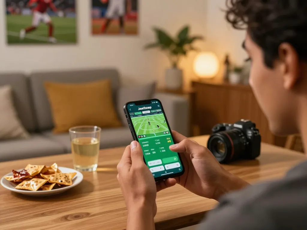 Player using the Jeetbuzz App on a smartphone for live sports betting at home, showing excitement during a game.