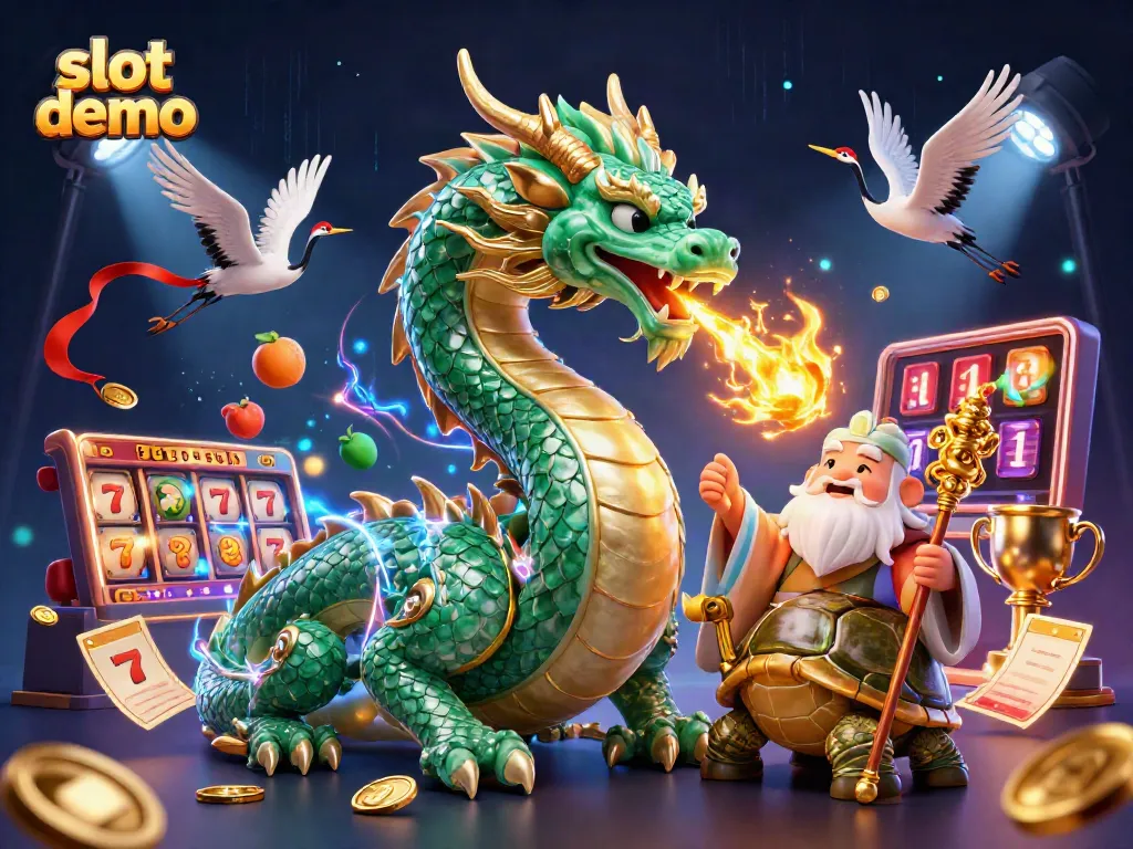 Slot demo dengan naga hijau giok berapi dan simbol slot yang terbang di sekitarnya