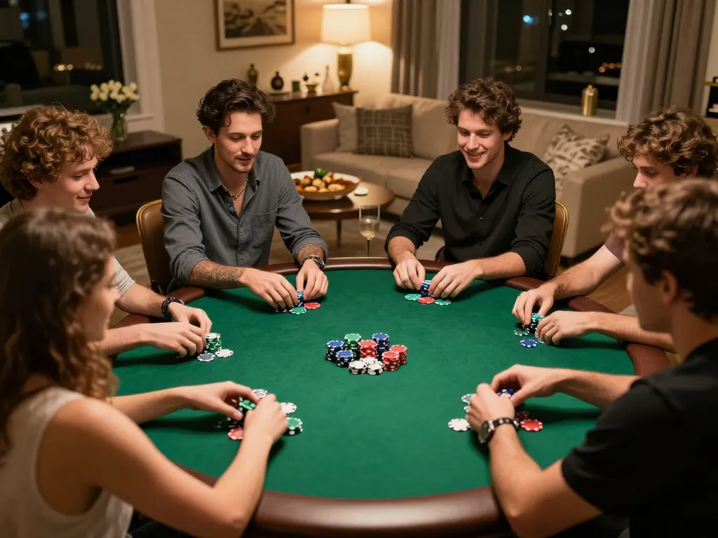 Players enjoy a lively poker night with TR88-themed excitement and strategy in a cozy home.