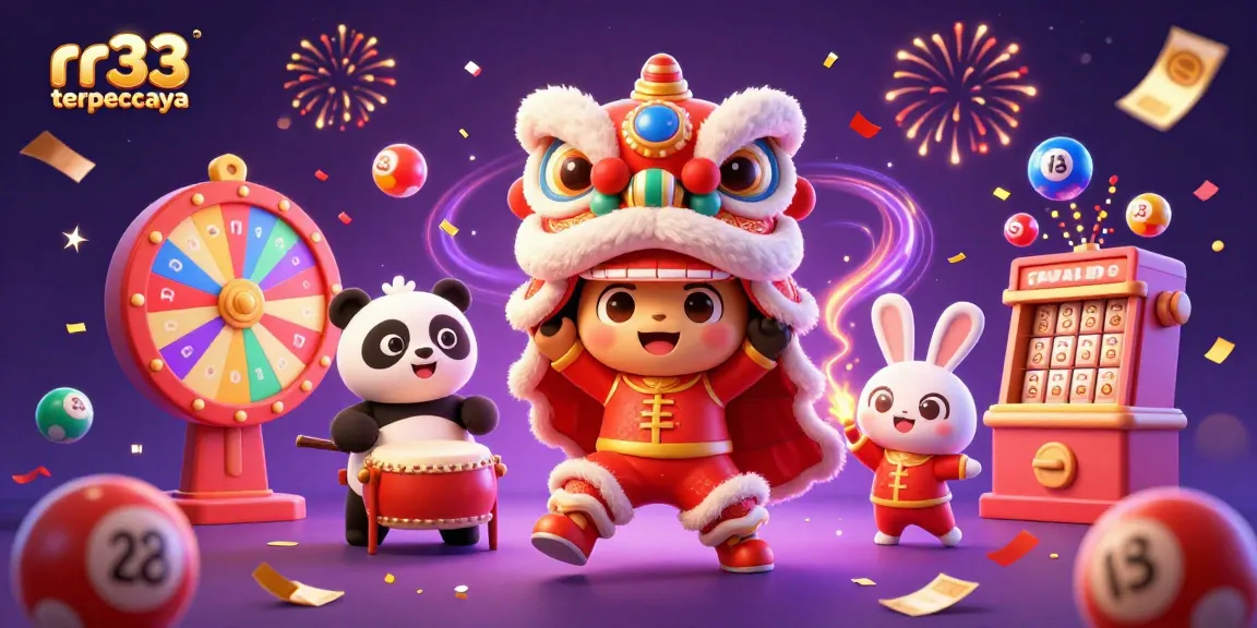 Play exciting slots with rr33 terpercaya, featuring vibrant lottery elements and festive characters.