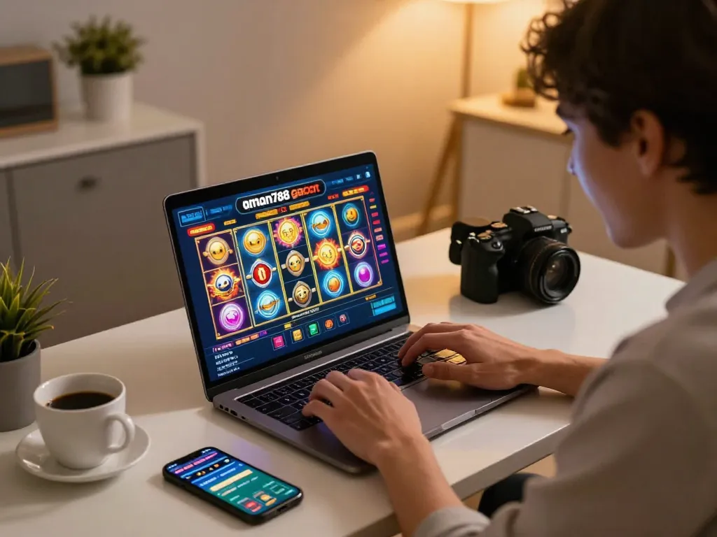 A player engaging with aman788 slot gacor online, surrounded by vibrant gaming graphics and betting options in a cozy setup.
