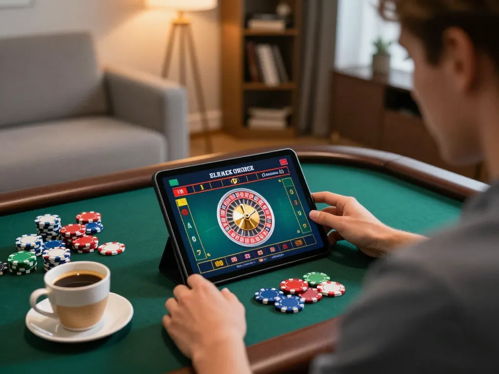 mb66an player engaging with an online roulette game on a tablet at home in a cozy setup
