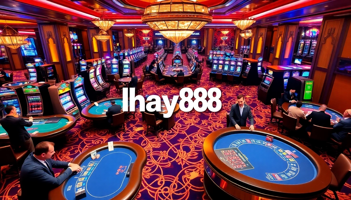Exciting gambling action at a casino with hay88 theme featuring poker tables and slot machines.