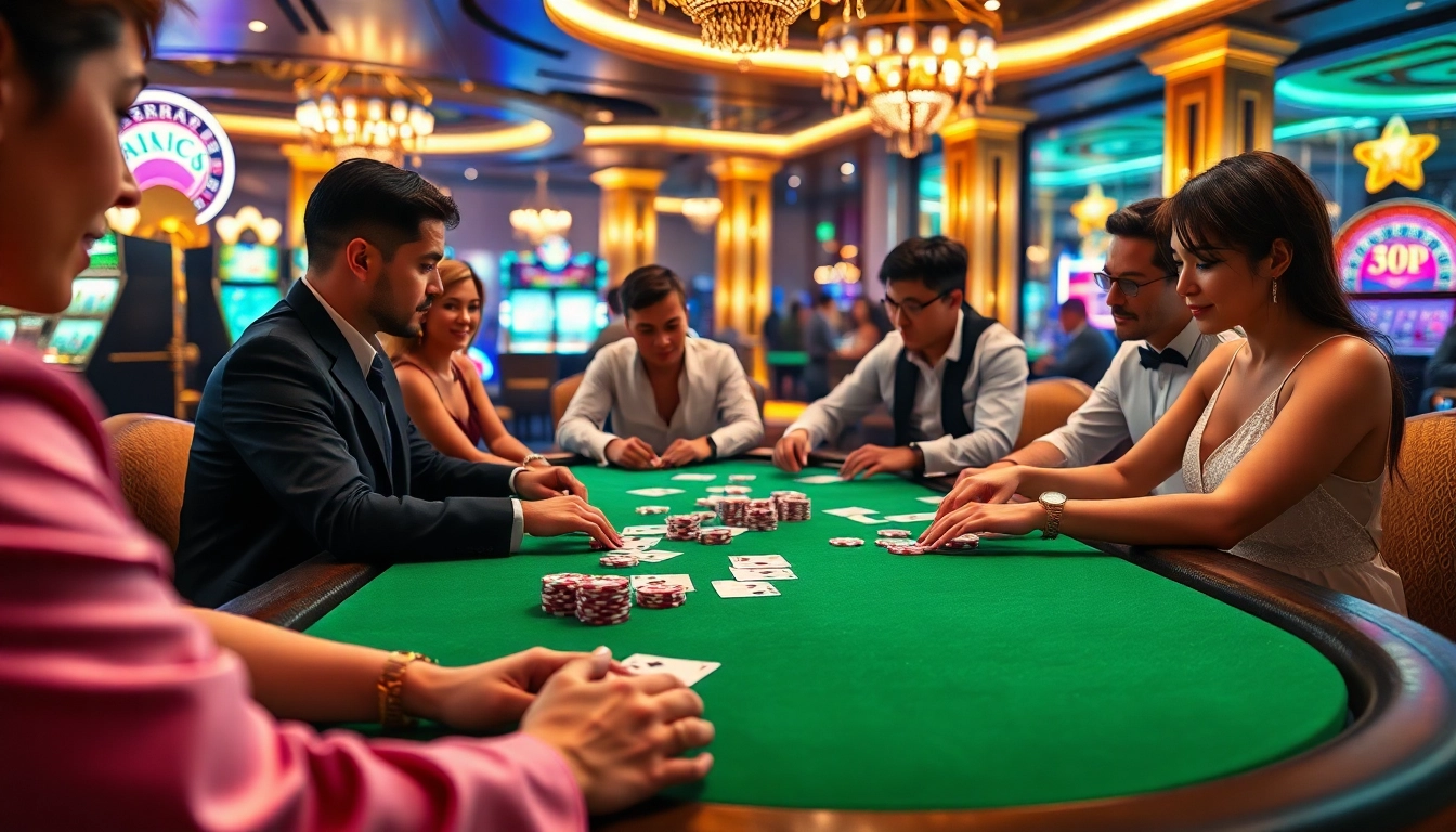 Participate in a thrilling poker game at https://rr88co.net/ featuring vibrant chips and engaged players.