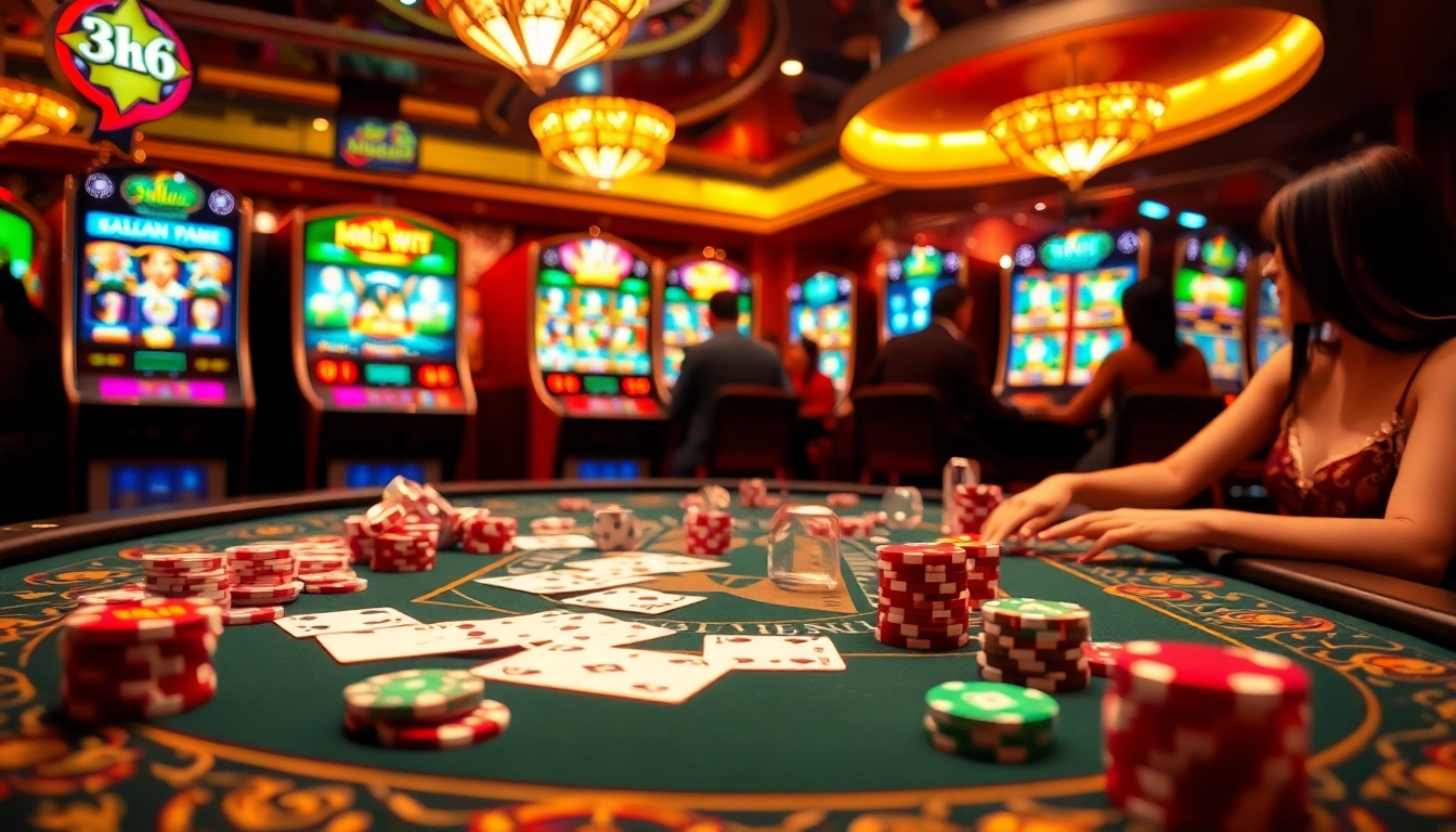 Exciting Xin88 casino gaming scene with vibrant chips and dynamic slot machines.