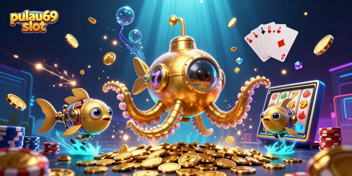 Spin the pulau69 slot for exciting wins, featuring a golden kraken submarine in a treasure scene.