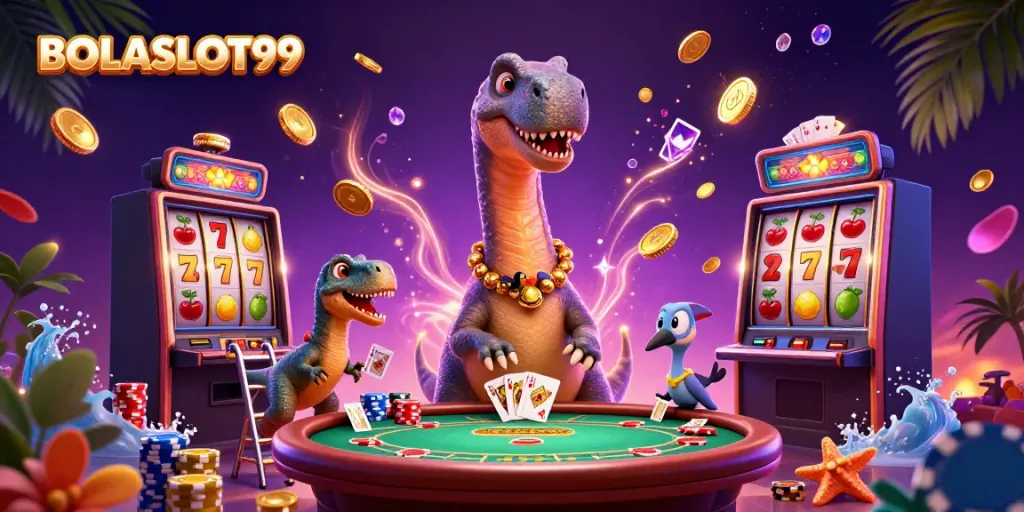 BOLASLOT99 showcases a vibrant casino scene with a giant brontosaurus and raptor dealer amidst flying coins and slot reels.