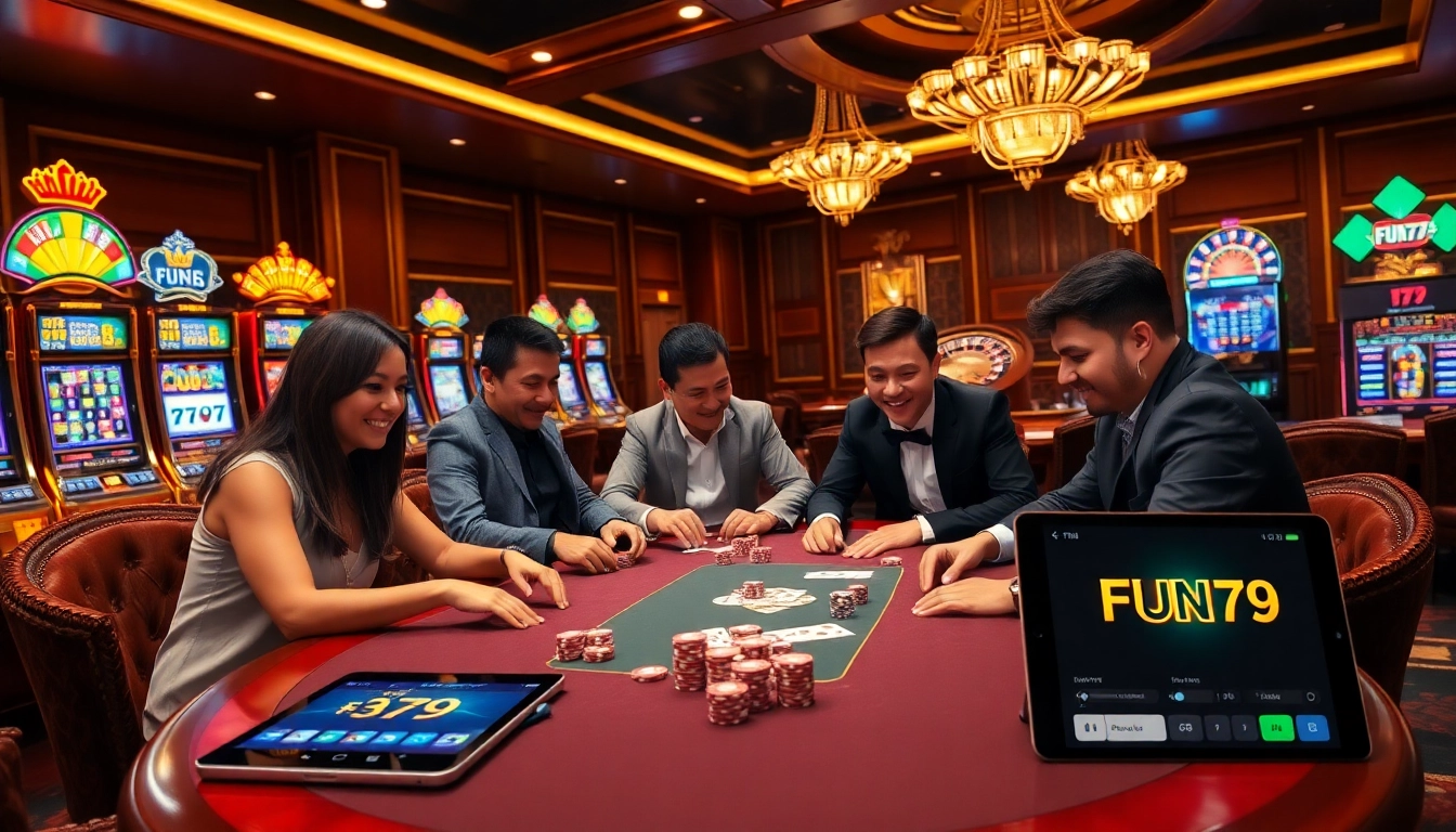 Fun79 gaming table with players engaged in high-stakes poker in a vibrant casino atmosphere.