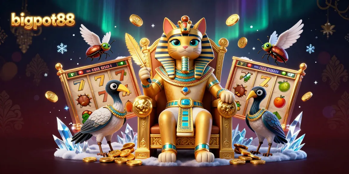 Play thrilling slots with bigpot88 featuring Egyptian pharaoh cat king and captivating riches in a dynamic scene.