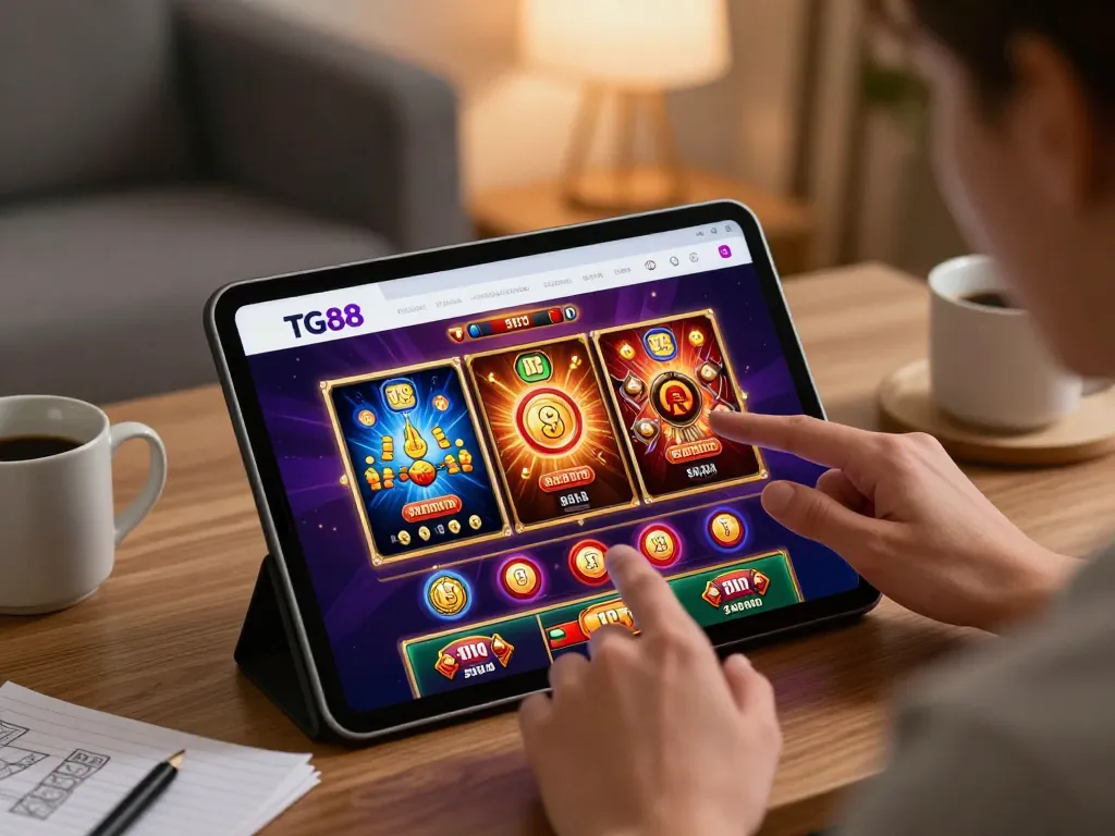 Tg88 đăng nhập on tablet showcasing diverse casino games in a cozy home environment.
