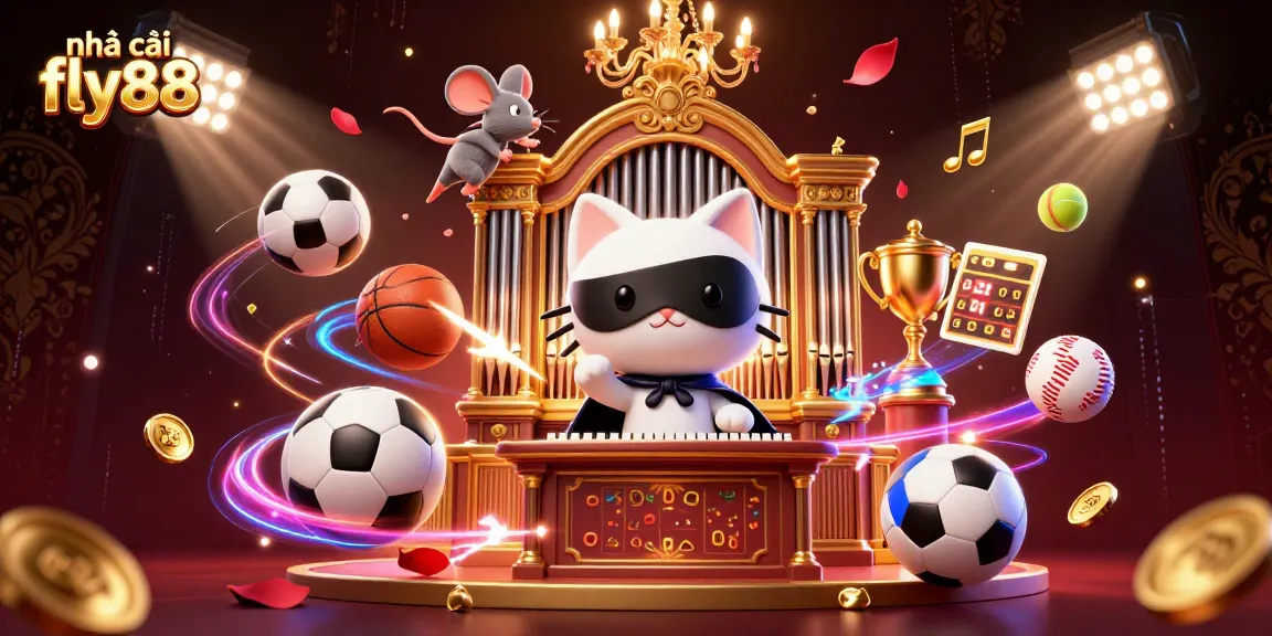 Experience the excitement of nhà cái fly88 with a captivating casino illustration featuring a charming cat and acrobat.