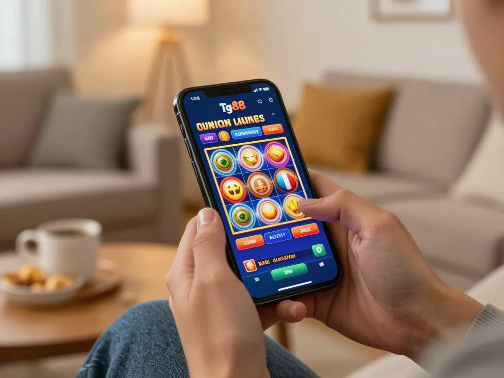 Play tg88 slot games on mobile in a cozy living room, engaging and inviting atmosphere.