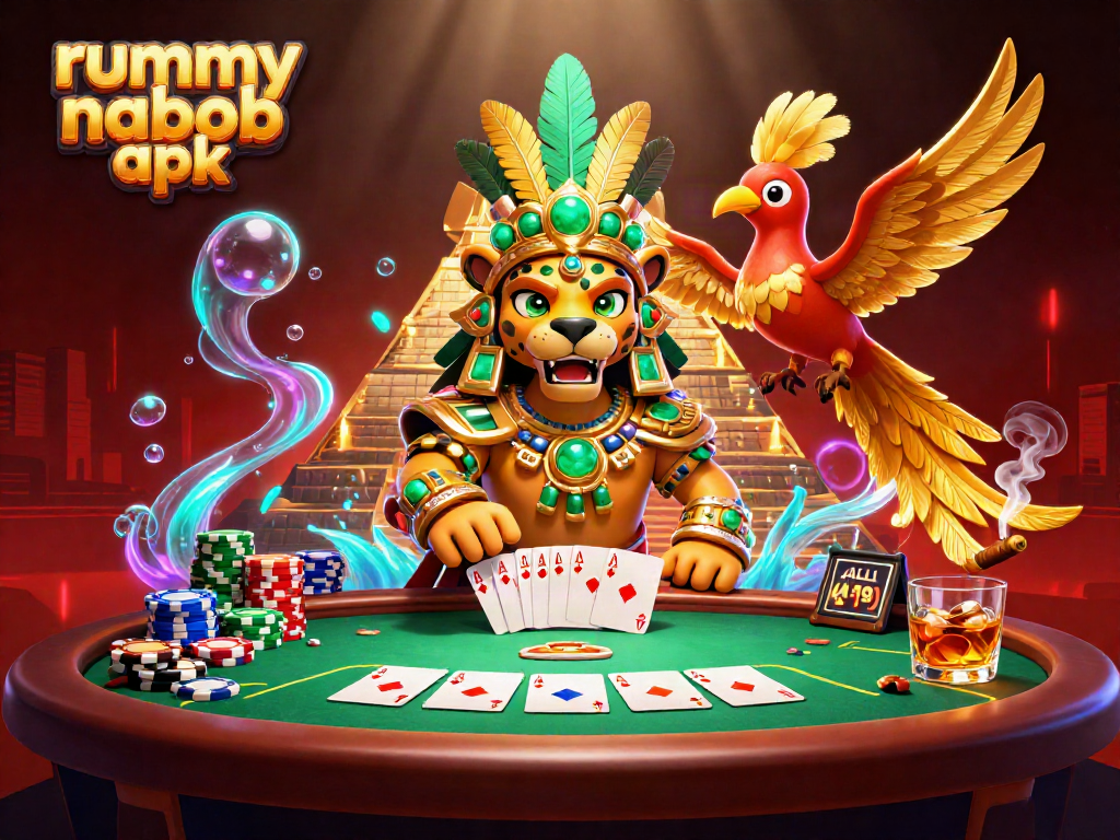 Permainan kartu Rummy Nabob APK yang mengasyikkan dengan dadu dan chips poker berwarna-warni.