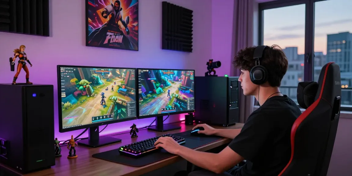 Engaging gaming atmosphere with mahajitu online player at dual monitor setup.