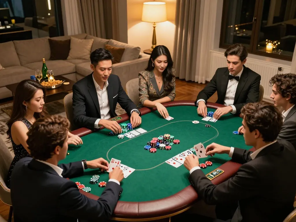 Friends engaging in a lively home poker game while analyzing toto sgp strategy.