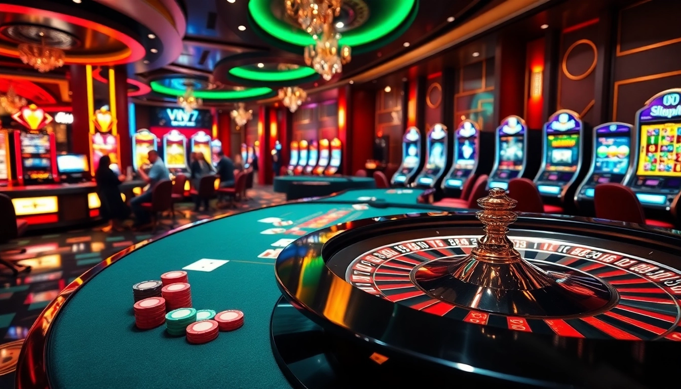 Experience the excitement of Vin777 with a vibrant casino scene showcasing gaming tables and roulette.