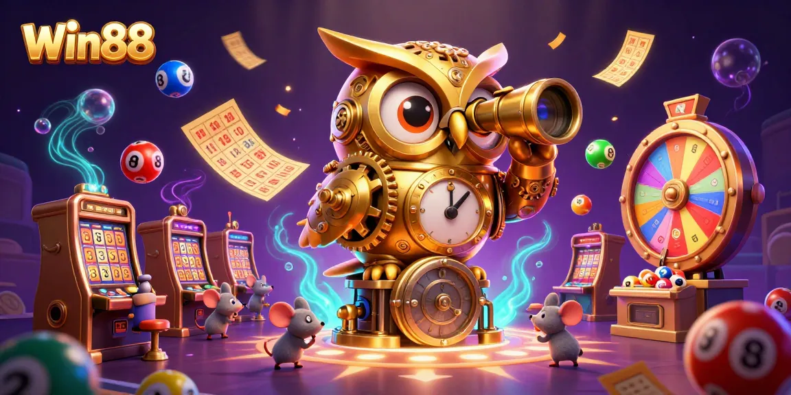 Win88's vibrant casino scene with golden owl and animated lottery elements highlighting excitement.