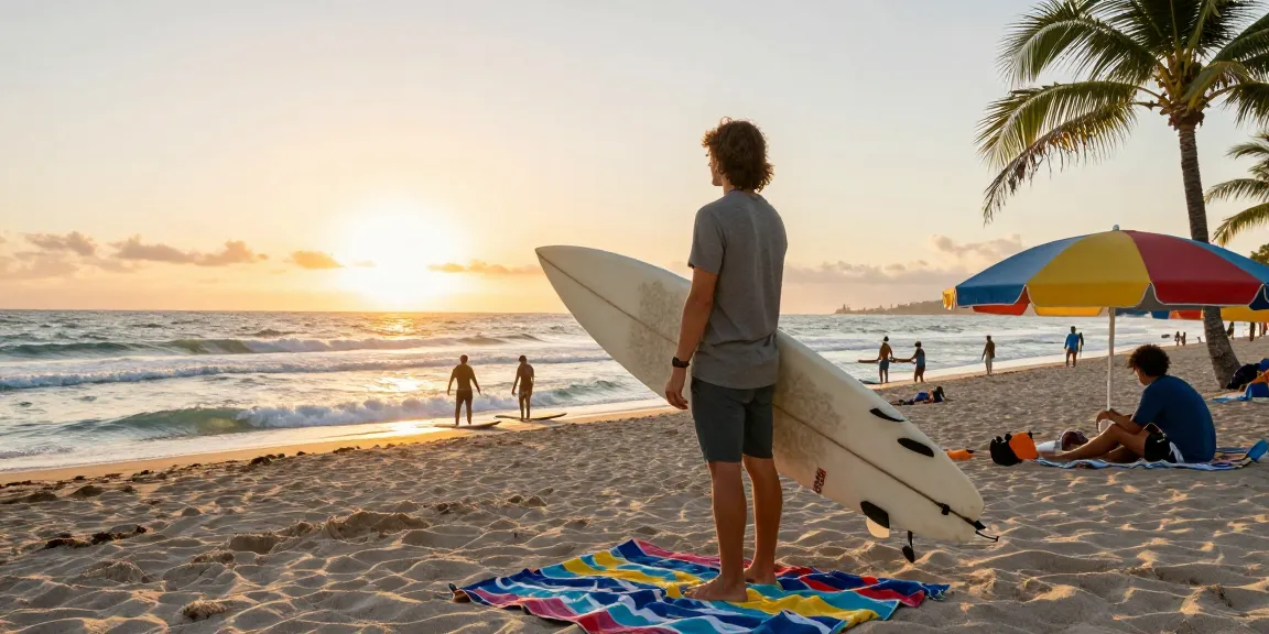 https://miami4d.com/ seorang penggemar travel di pantai Miami saat matahari terbit dengan papan selancar dan suasana ceria