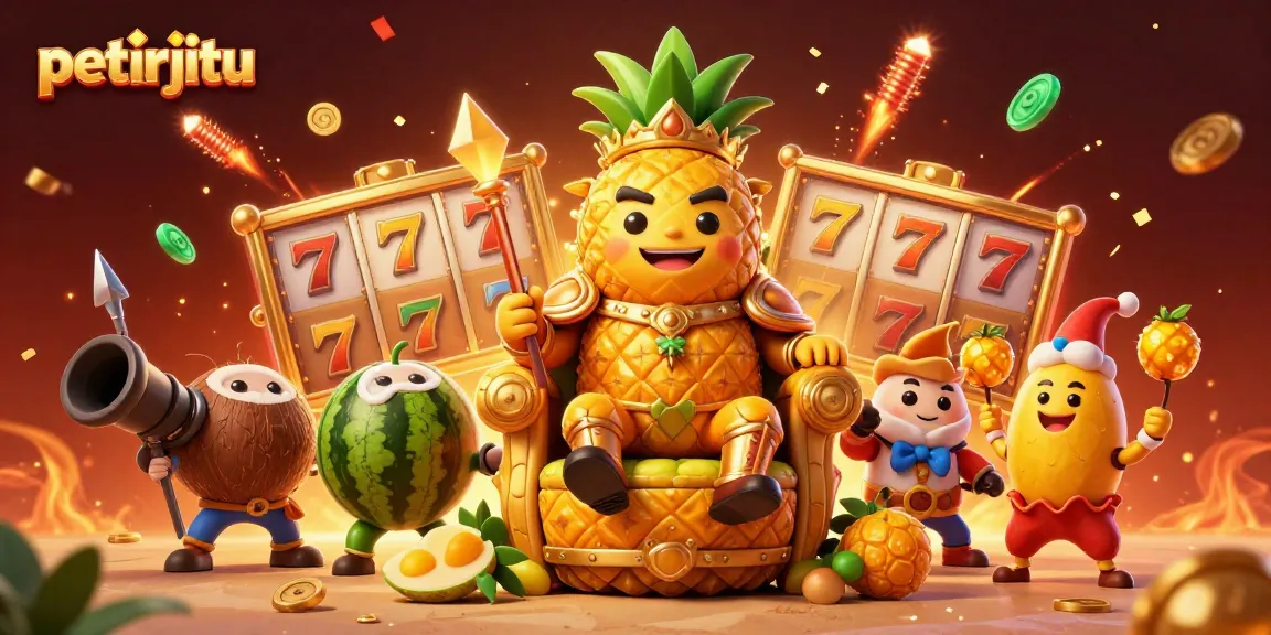 Petirjitu menguji keberuntungan dengan simbol slot dan raja nanas emas di latar belakang yang meriah.
