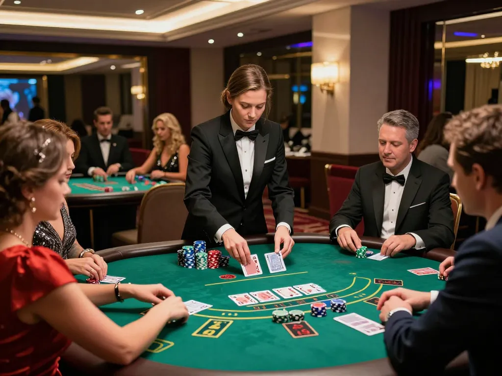 Players enjoy blackjack at LC88 in a luxurious casino atmosphere, showcasing strategic gameplay.